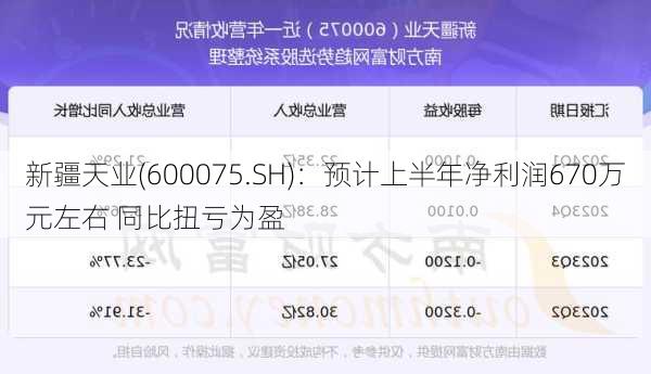 新疆天业(600075.SH)：预计上半年净利润670万元左右 同比扭亏为盈