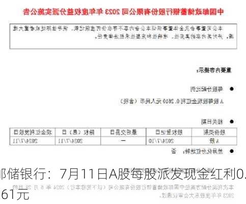 邮储银行：7月11日A股每股派发现金红利0.261元