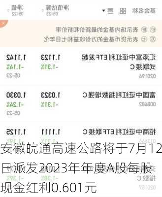 安徽皖通高速公路将于7月12日派发2023年年度A股每股现金红利0.601元