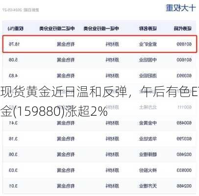 现货黄金近日温和反弹，午后有色ETF基金(159880)涨超2%