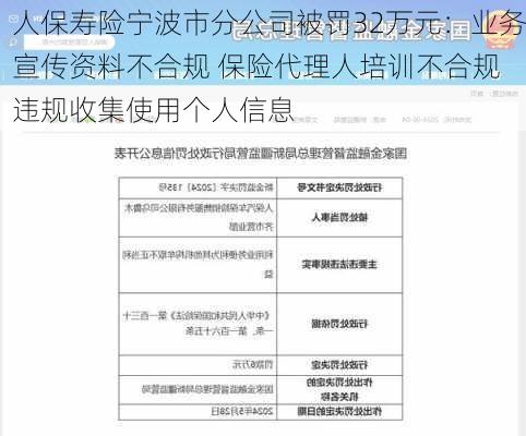 人保寿险宁波市分公司被罚32万元：业务宣传资料不合规 保险代理人培训不合规 违规收集使用个人信息