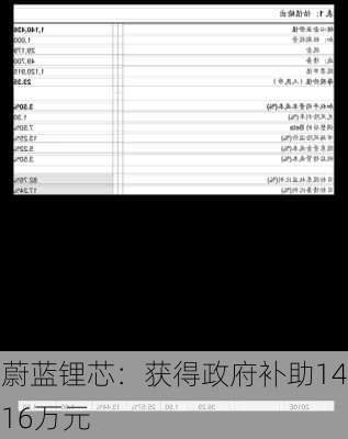 蔚蓝锂芯：获得政府补助1416万元