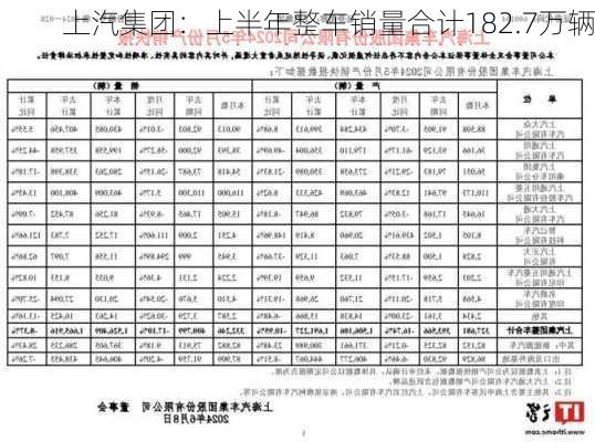 上汽集团：上半年整车销量合计182.7万辆