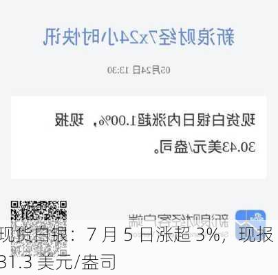 现货白银：7 月 5 日涨超 3%，现报 31.3 美元/盎司