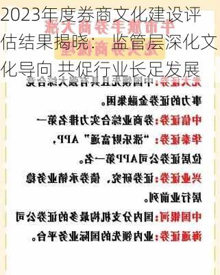 2023年度券商文化建设评估结果揭晓： 监管层深化文化导向 共促行业长足发展