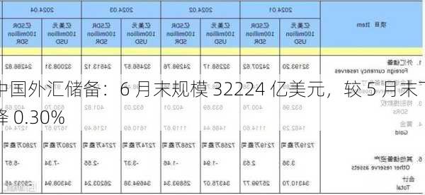 中国外汇储备：6 月末规模 32224 亿美元，较 5 月末下降 0.30%