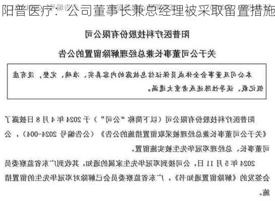 阳普医疗：公司董事长兼总经理被采取留置措施