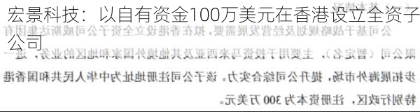 宏景科技：以自有资金100万美元在香港设立全资子公司