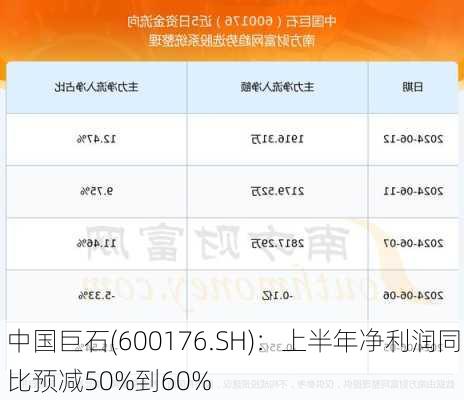 中国巨石(600176.SH)：上半年净利润同比预减50%到60%