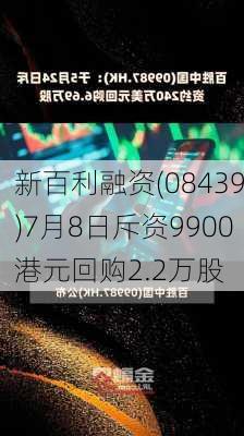 新百利融资(08439)7月8日斥资9900港元回购2.2万股