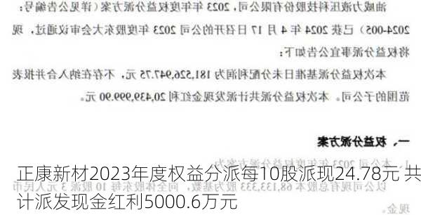 正康新材2023年度权益分派每10股派现24.78元 共计派发现金红利5000.6万元