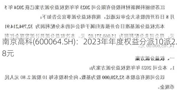 南京高科(600064.SH)：2023年年度权益分派10派2.8元