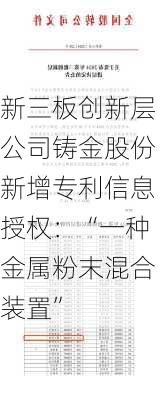 新三板创新层公司铸金股份新增专利信息授权：“一种金属粉末混合装置”