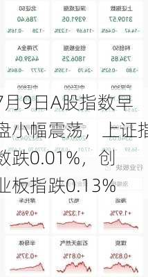 7月9日A股指数早盘小幅震荡，上证指数跌0.01%，创业板指跌0.13%