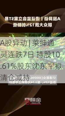 A股异动 | 莱绅通灵连跌7日 持股10.61%股东沈东军拟清仓减持