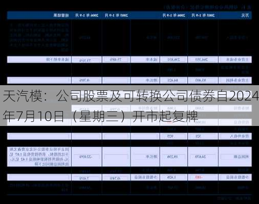 天汽模：公司股票及可转换公司债券自2024年7月10日（星期三）开市起复牌