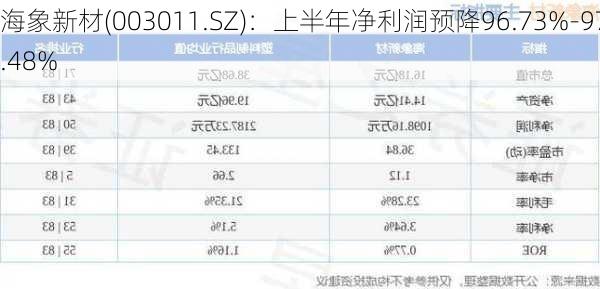 海象新材(003011.SZ)：上半年净利润预降96.73%-97.48%