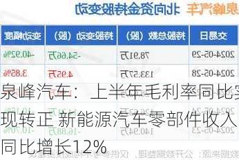 泉峰汽车：上半年毛利率同比实现转正 新能源汽车零部件收入同比增长12%