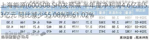 上海能源(600508.SH)发预减 半年度净利润4.6亿到5.3亿元 同比减少55.08%到61.02%