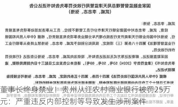 董事长终身禁业！贵州从江农村商业银行被罚25万元：严重违反内部控制等导致发生涉刑案件