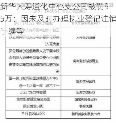 新华人寿通化中心支公司被罚9.5万：因未及时办理执业登记注销手续等