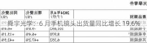 舜宇光学：6 月手机镜头出货量同比增长 19.6%