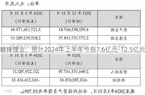 赣锋锂业：预计2024年上半年亏损7.6亿元-12.5亿元