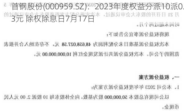 首钢股份(000959.SZ)：2023年度权益分派10派0.3元 除权除息日7月17日