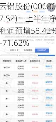 云铝股份(000807.SZ)：上半年净利润预增58.42%-71.62%