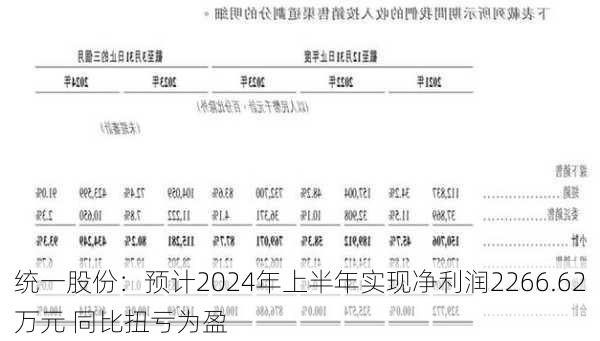 统一股份：预计2024年上半年实现净利润2266.62万元 同比扭亏为盈