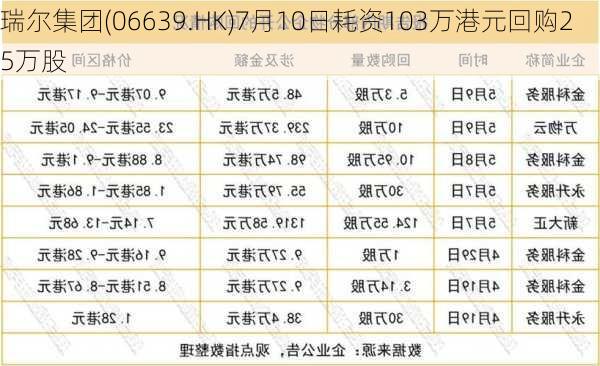 瑞尔集团(06639.HK)7月10日耗资103万港元回购25万股