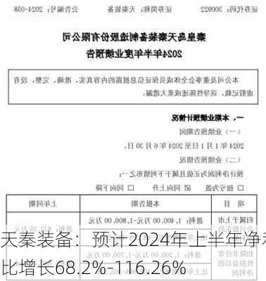 天秦装备：预计2024年上半年净利同比增长68.2%-116.26%