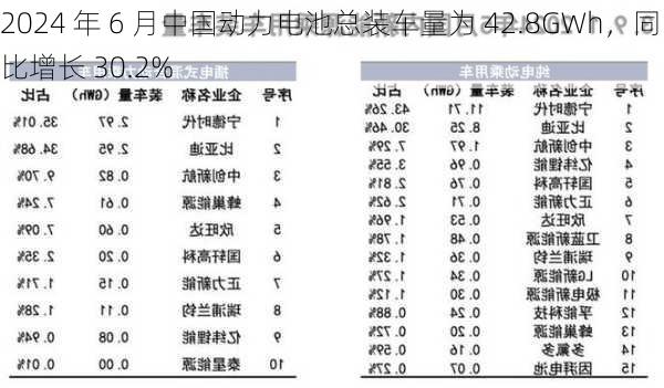 2024 年 6 月中国动力电池总装车量为 42.8GWh，同比增长 30.2%