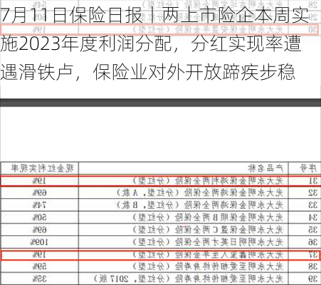 7月11日保险日报丨两上市险企本周实施2023年度利润分配，分红实现率遭遇滑铁卢，保险业对外开放蹄疾步稳