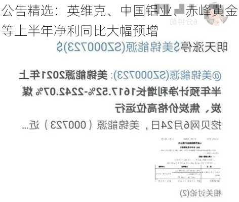 公告精选：英维克、中国铝业、赤峰黄金等上半年净利同比大幅预增