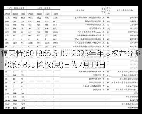 福莱特(601865.SH)：2023年年度权益分派10派3.8元 除权(息)日为7月19日