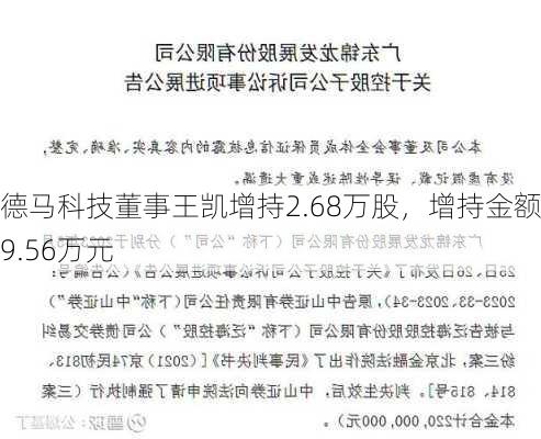 德马科技董事王凯增持2.68万股，增持金额29.56万元