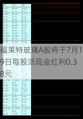 福莱特玻璃A股将于7月19日每股派现金红利0.38元