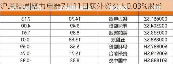 沪深股通|格力电器7月11日获外资买入0.03%股份