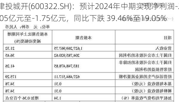 津投城开(600322.SH)：预计2024年中期实现净利润-2.05亿元至-1.75亿元，同比下跌 39.46%至19.05%