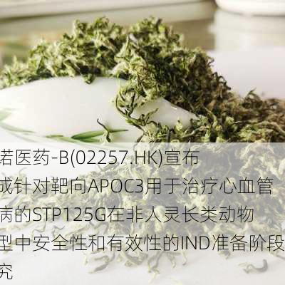 圣诺医药-B(02257.HK)宣布完成针对靶向APOC3用于治疗心血管疾病的STP125G在非人灵长类动物模型中安全性和有效性的IND准备阶段研究