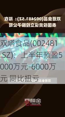 双塔食品(002481.SZ)：上半年预盈5000万元-6000万元 同比扭亏