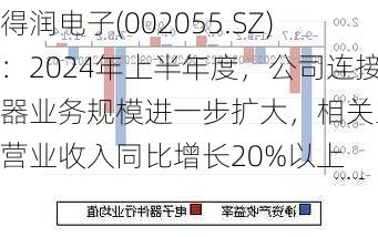 得润电子(002055.SZ)：2024年上半年度，公司连接器业务规模进一步扩大，相关业务营业收入同比增长20%以上