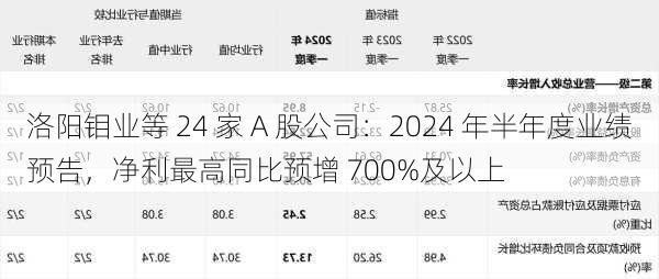 洛阳钼业等 24 家 A 股公司：2024 年半年度业绩预告，净利最高同比预增 700%及以上