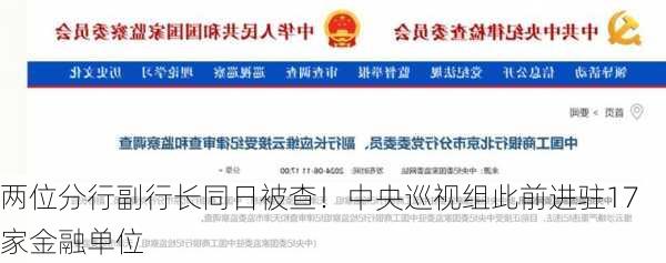 两位分行副行长同日被查！中央巡视组此前进驻17家金融单位