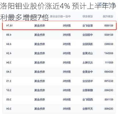 洛阳钼业股价涨近4% 预计上半年净利最多增超7倍