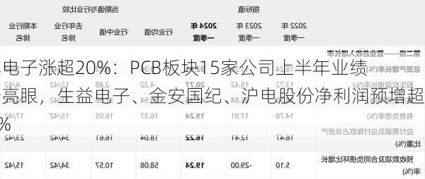 则成电子涨超20%：PCB板块15家公司上半年业绩预告亮眼，生益电子、金安国纪、沪电股份净利润预增超100%