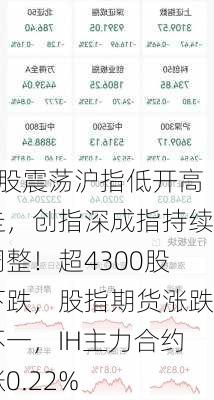 A股震荡沪指低开高走，创指深成指持续调整！超4300股下跌，股指期货涨跌不一，IH主力合约涨0.22%