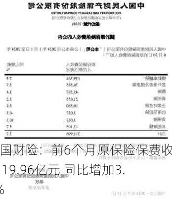 中国财险：前6个月原保险保费收入3119.96亿元 同比增加3.7%