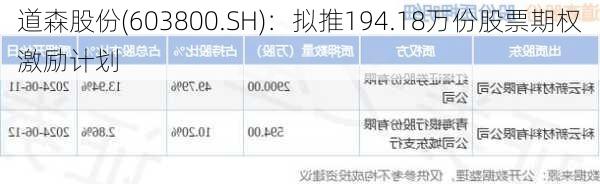 道森股份(603800.SH)：拟推194.18万份股票期权激励计划